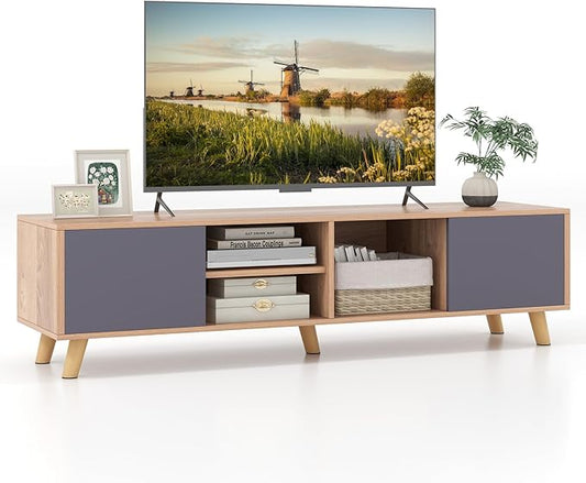 Tangkula TV Stand for TVs up to 65 Inch, Media Entertainment Center with 2 Doors, Open Shelves, TV Console Table with 3 Cable Management Holes, TV Cabinet for Living Room (Natural + Gray, for 65" TV)-NeatNest