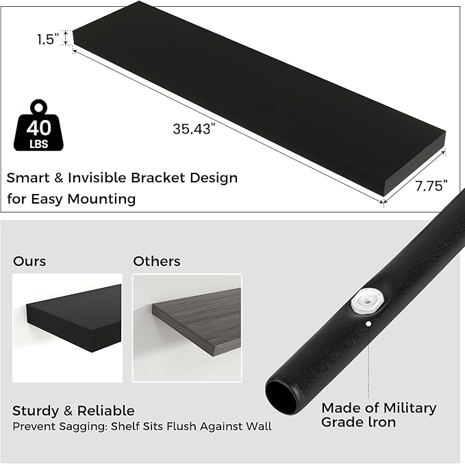 Floating Shelves for Wall, 36"W x 7.8"D x 1.5"H, 2 Pack of Long Wall Mounted Engineered Wood Shelves with Invisible Brackets for Living Room, Bedroom, Bathroom, Kitchen Decor and Storage, Black-NeatNest