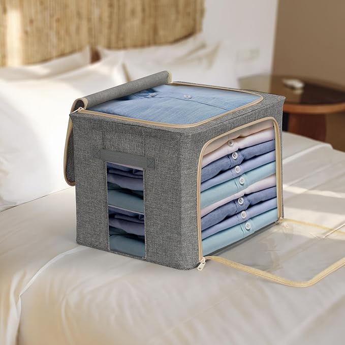 2-Pack Clothes Storage Bags, Foldable Storage Bins with Metal Frame, Clear Window, Reinforced Handles, Durable Non-Woven Fabric for Clothes, Bedding, Blankets, 40L, Gray-NeatNest