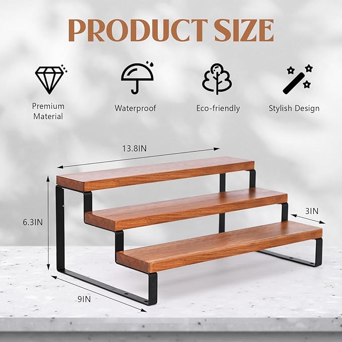 3 Tier Wooden Display Riser Stand Perfume Organizer with Metal Stand, Dessert Table Display Set, Food Display Stands for Party, Brown Rustic Solid Wood Shelf for Cupcakes, Perfume, Cologne, Spiece-NeatNest