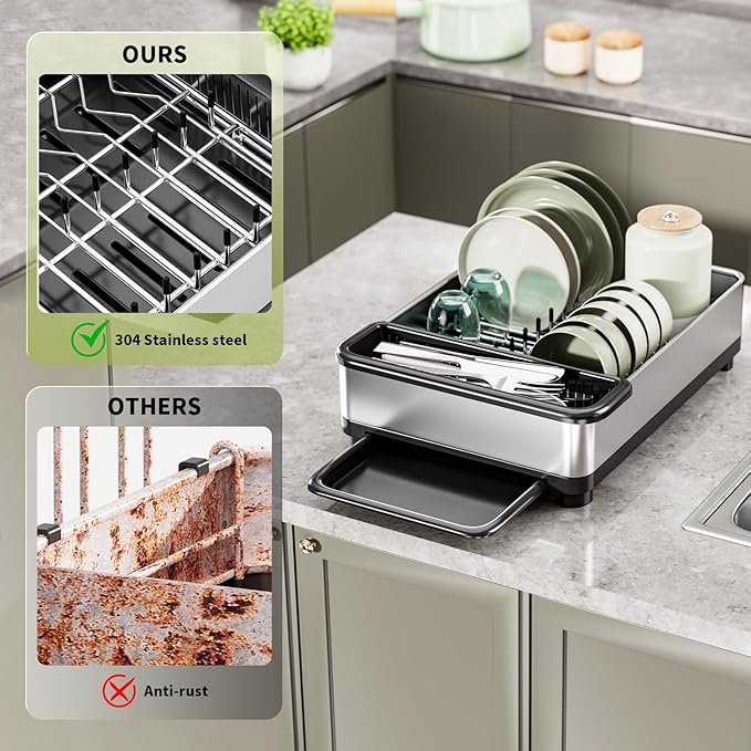 Dish Drying Rack, 304 Stainless Steel Dish Racks for Kitchen Counter, Compact Sink Dish Drainers with Drainboard & Utensil Holder, Space Saving Kitchen Organizer, Black