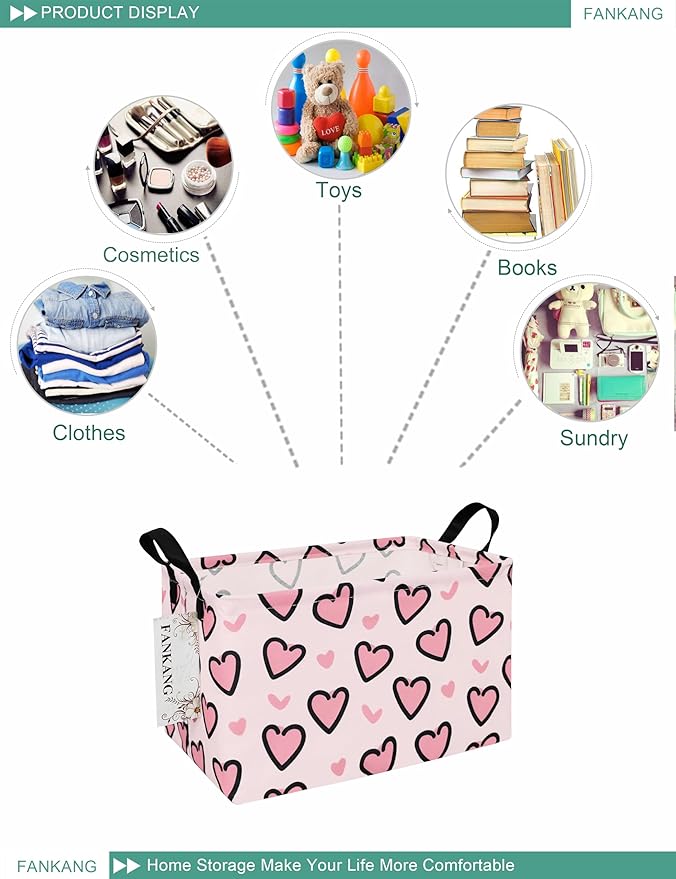FANKANG Storage Bins, Nursery Hamper Canvas Laundry Basket Foldable with Waterproof PE Coating Large Storage Baskets for Kids Boys and Girls, Office, Bedroom, Clothes,Toys(Rec-Pink Love ）