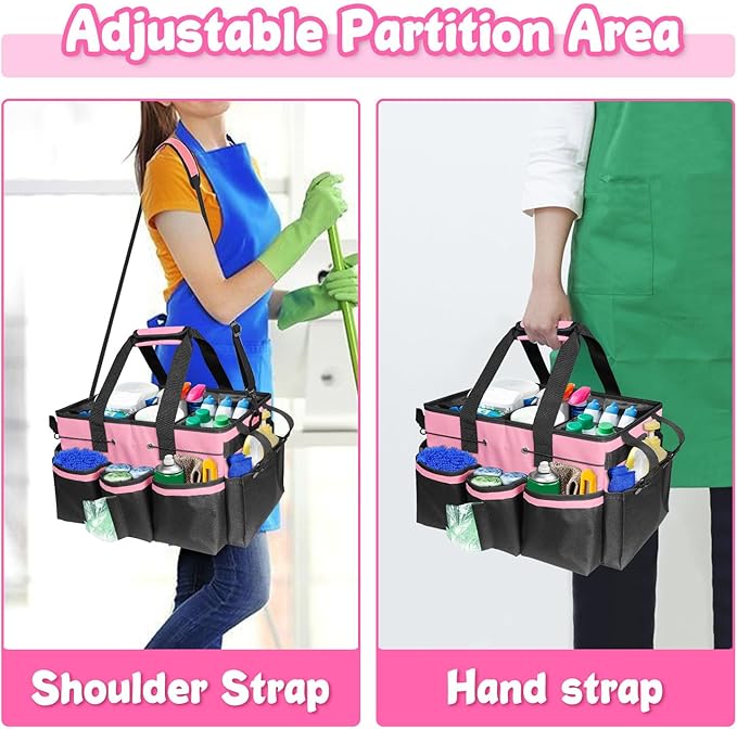 Grekos Wearable Cleaning Caddy Bag, Cleaning Caddy Suppliers Organizer with 4 Foldable Dividers, Handle & Shoulder Straps Cleaning Tool Organizers for Cleaners & Housekeeper (Pink)