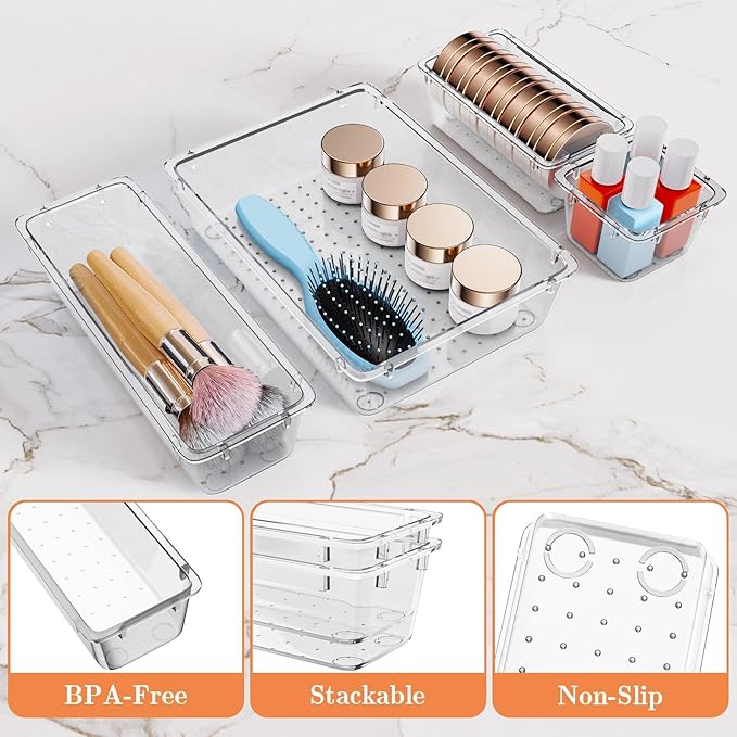 25 PCS Plastic Drawer Organizer Set, 4-Size Versatile Organizer Trays & storage Bins for Makeup, Jewelry, and Gadgets in Bathroom, Bedroom and Office,Clear White-NeatNest