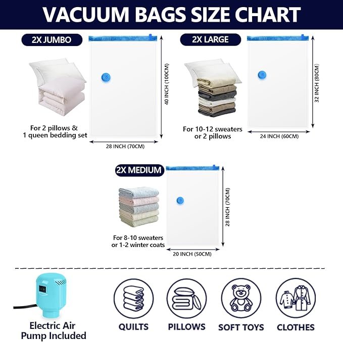 Vacuum Seal Bags for Clothing with Electric Pump, 6 Pack (2 Jumbo 2 Large 2 Medium Vacuum Storage Bags) Space Bags Vaccine Vacuum Sealed Storage Bags for Travel Luggage Blankets Bedding-NeatNest
