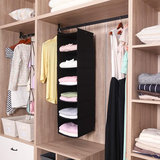 MAX Houser 6 Tier Shelf Hanging Closet Organizer, Closet Hanging Shelf with 2 Sturdy Hooks for Storage, Foldable (Black)-NeatNest