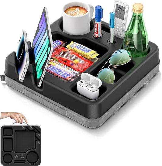 Couch Cup Holder Tray Couch Cup Holder Pillow Bed Tray Snack Sofa Bed Caddy Organizer Beach Sofa Drink Holder Anti-Spill Portable Snack Caddy Couch Remote Holder for Phone Pad Kindle Beverage Black-NeatNest