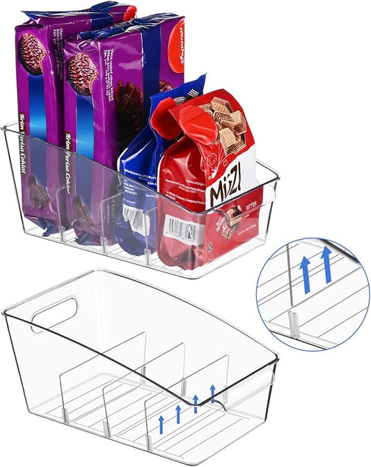 2 Pack Clear Pantry Organizer Storage Bins Removable Snack Organizer Plastic Cabinet Organizers Racks with 3 Dividers, Refrigerator Bins, Kitchen Organization Kitchen Storage-NeatNest