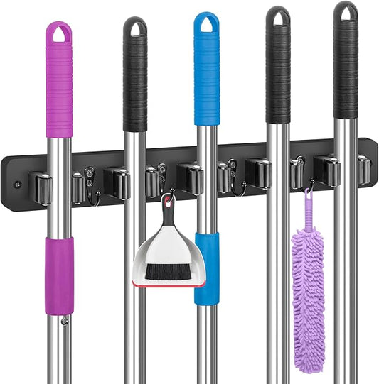 IMILLET Broom Holder Wall Mount, Wood Broom Holder with 5 Racks and 4 Hooks Broom Organizer, Laundry Room Organization and Storage, Mop Hanger for Home Organization, Garden, Garage, Closet (Black)-NeatNest