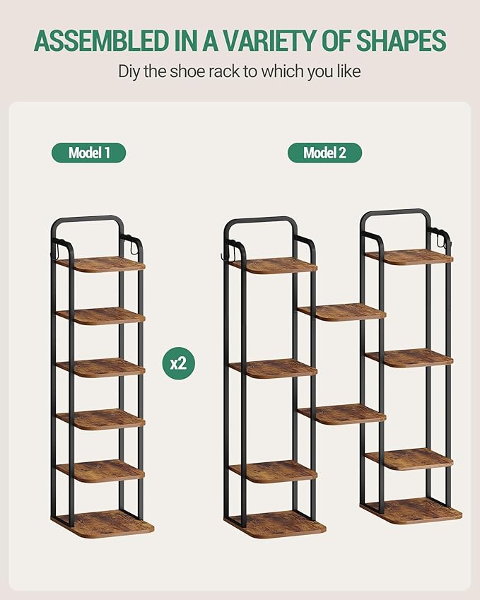 6 Tiers Vertical Shoe Rack, Narrow Shoe Tower, Tall Shoes Shelf with 2 Hooks, Adjustable Shelves, Corner Shoes Shelves for Small Spaces, Entryway, Living Room, Rustic Brown SR04201B-NeatNest