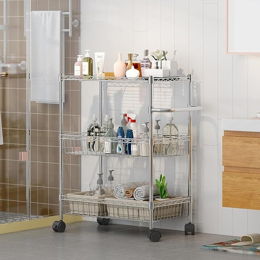 3 Tier Rolling Storage Cart with Adjustable Wire Shelving, 360-Degree Rotating Wheels with Brakes, Sturdy Carbon Steel Build, Versatile for Kitchen, Bathroom, and Office