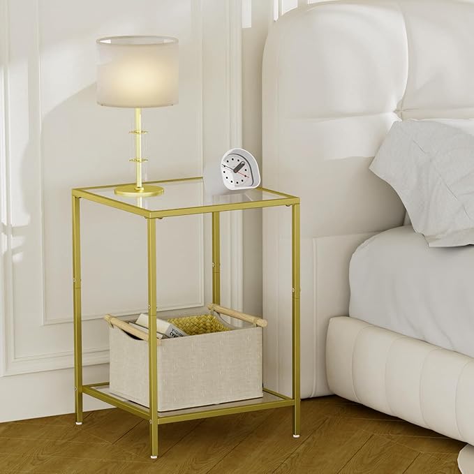 Side Tables Set of 2, End Table with Tempered Glass, 2-Tier Nightstands with Storage Shelves, Coffee Table with Modern Style, Square Sofa Table for Living Room, Bedroom, 15.7"D x 15.7"W, Golden