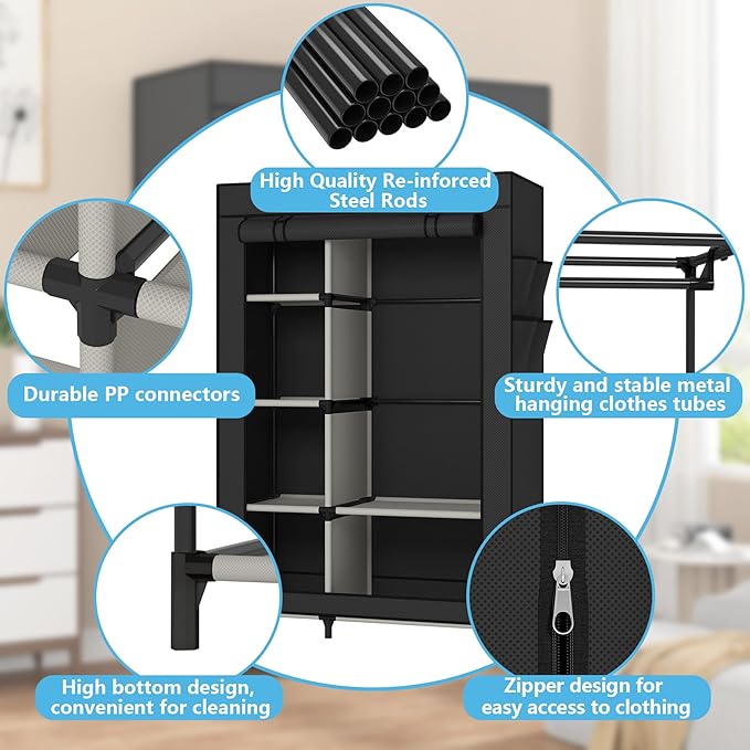 Calmootey Portable Closet Organizers, Clothing Storage, Wardrobe with 6 Shelves and Hanging Rod, Non-Woven Fabric Cover with 4 Side Pockets, Black-NeatNest
