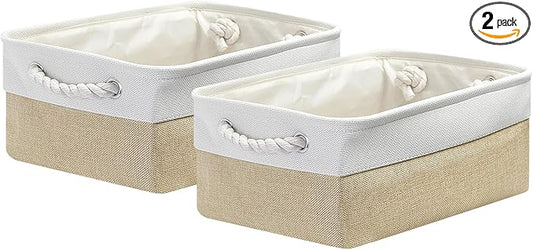 Fabric Storage Bins, 2 Pack Foldable Cube Baskets with Rope Handles, Large Collapsible Storage Cubes for Home, Office, Closet, Clothes, Books Organizer. (Khaki and White, 2PCS/14*10.2*6.3inch)-NeatNest