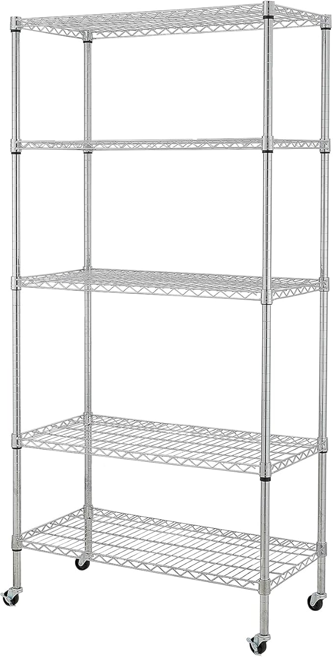 5 Tier Adjustable Storage Shelf Metal Storage Rack Wire Shelving Unit Storage Shelves for Pantry Closet Kitchen Laundry Bathroom (Silver2-5-Tier)