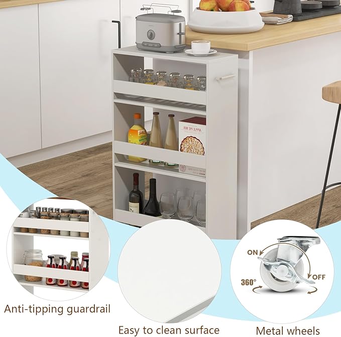 POWERSTONE 4-Tier Slim Storage Cart, Narrow Kitchen Rolling Cart w/Handle & Open Shelves, Skinny Slide Out Utility Organizer Trolley for Kitchen Bathroom Laundry Small Spaces White