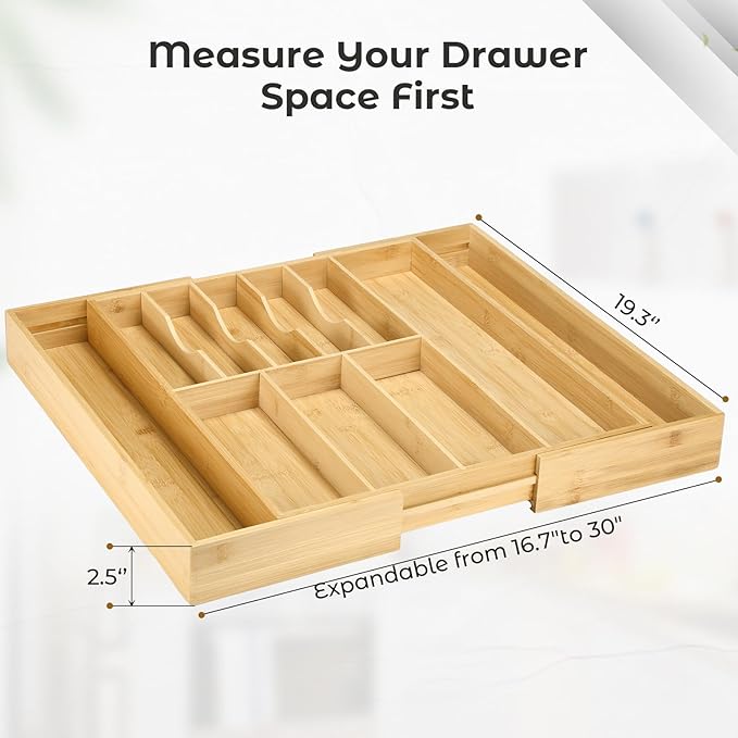 Fabsome Silverware Organizer for Cabinet Drawer, Expandable from 16.7'' to 30'' Wide Bamboo Wood Flatware Tray for Large Kitchen Drawers, Cutlery Utensil Holder