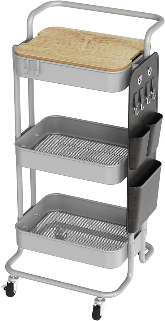 DTK 3 Tier Metal Utility Rolling Cart with Table Top and Side Bags, Tray Storage Organizer Wheels, Art Craft 4 Hooks for Kitchen Bathroom Office Living Room(Grey)-NeatNest