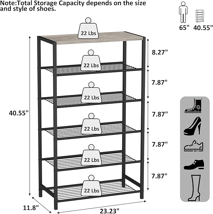 HOMEFORT 6 Tiers Shoe Rack Organizer,23" Shoe Storage Shelf for Closet, Shoe Rack for Entryway, Each Tier Fits 3 Pairs, Shoe Stand with Metal Shelves and MDF Top Board, Washed Gray-NeatNest