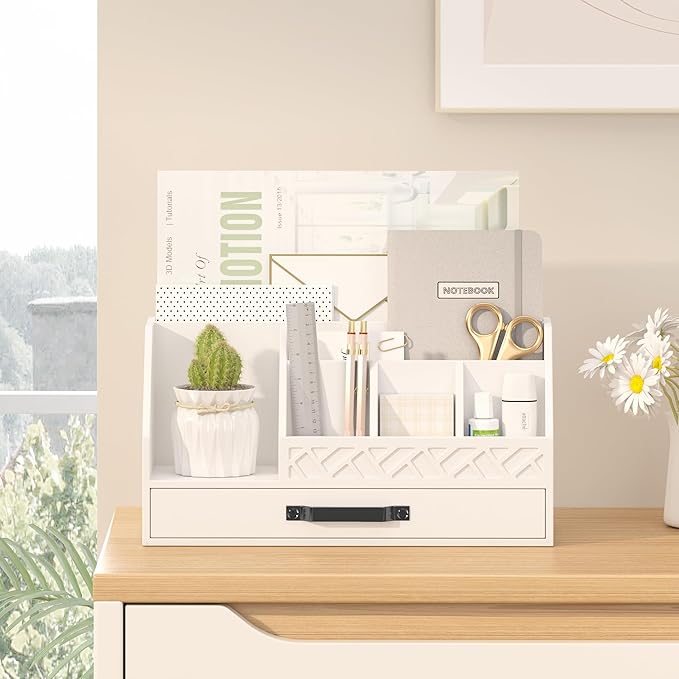 Bamboo Desk Organizer with Drawers, Mail Organizer Countertop Wood Desk Drawer Tabletop Storage Organization Pen Holder Letter Sorter Makeup Organizer for School Home Office (White)-NeatNest