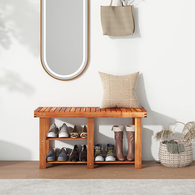 Tangkula 3-Tier Shoes Rack Bench, Entryway Storage Bench Shoes Organizer with Seat, Shoe Shelf for Boots, Acacia Wood Bench for Hallway, Bathroom, Living Room, Corridor Garden-NeatNest