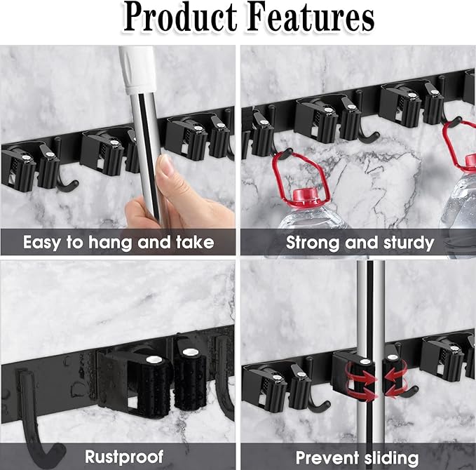 AceMining 2 Pack Black 5 Racks and 4 Hooks Mop and Broom Holder Wall Mount, Broom Organizer Storage Tool Racks Stainless Steel Heavy Duty Hooks Self Adhesive Solid Non-slip for Home Kitchen Garden-NeatNest