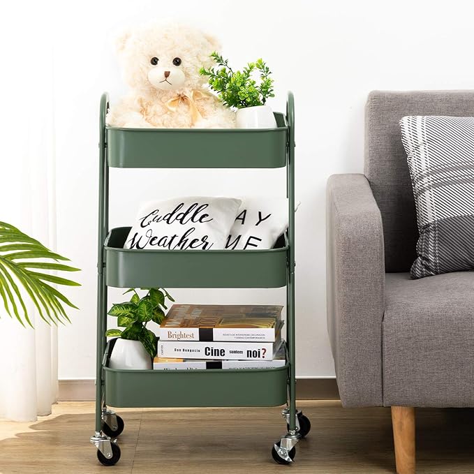 AGTEK Movable Rolling Organizer - 3 Tier Metal Storage Cart, Green-NeatNest