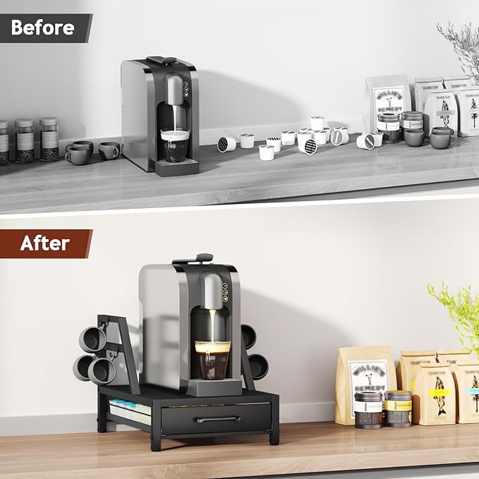 K Cup Holder Drawer - K Cup Storage Organizer, Coffee Pod Drawer with Hooks, Durable Iron-Wood Design, Space-Saving Coffee Station Organizer for Kitchen Counter-NeatNest