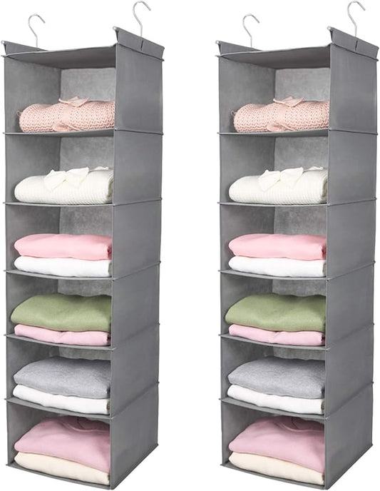 MAX Houser 6 Tier Shelf Hanging Closet Organizer, Closet Hanging Shelf with 2 Sturdy Hooks for Storage,2 Pack, Foldable (Light Grey)-NeatNest