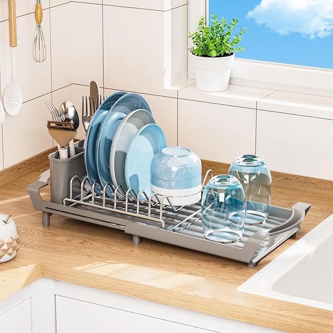 Expandable Dish Drying Rack for Sink or Countertop – Compact Stainless Steel Dish Drainer with Removable Utensil Holder, Rustproof Plate Rack for Small Kitchen Spaces, Grey