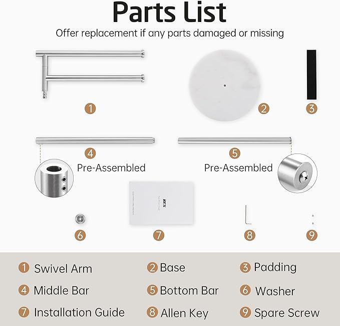 KES Standing Towel Racks for Bathroom Floor, Freestanding Swivel Standing 2 Arms Bath Towel Racks with Weighted Marble Base, SUS304 Stainless Steel Brushed Finish, BTH219S2-2
