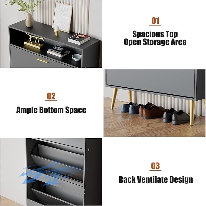 JOZZBY Shoe Cabinet for Entryway, Narrow Shoe Storage Cabinet with 2 Flip Drawers, Freestanding Hidden Shoe Rack Storage with Open Shelves for Hallway, Living Room, Set of 2, Black-NeatNest