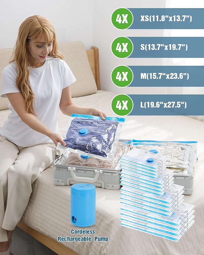 Vacuum Storage Bags for Travel, 16 Pack (4L+4M+4S+4XS) Vacuum Seal Bags with Wireless Rechargeable Electric Pump, Travel Essentials Space Saving Bag for Clothes, Luggage, Carry-on Suitcase, Backpack-NeatNest