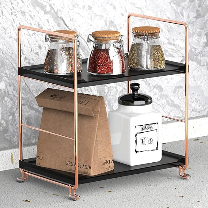 2-Tier Bathroom Countertop Organizer, Vanity Tray Cosmetic & Makeup Storage, Kitchen Spice Rack Standing Shelf, Corner Storage Shelf, Rose Gold&Black-NeatNest