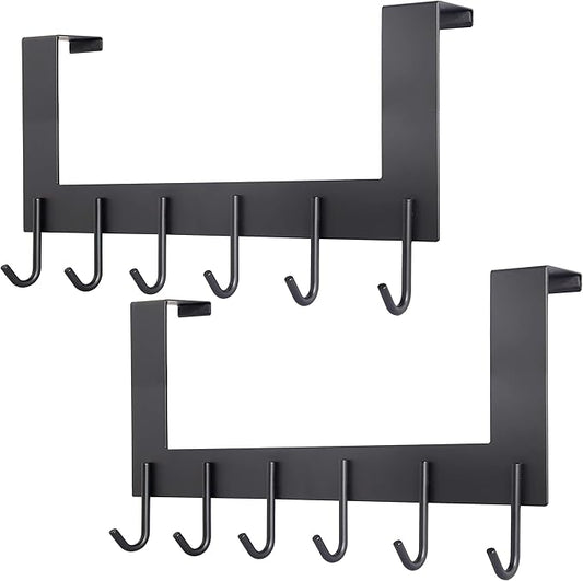 WEBI Over The Door Hooks Door Hanger,Over Door Towel Rack with 6 Hooks,Door Coat Hanger Over Door Coat Rack for Clothes,Black,2 Packs