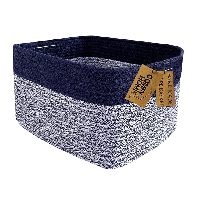 COMFY-HOMI Rectangular Cotton Rope Basket With Handles for Shelves|Dog Toy|Baby Gift - Dark Blue (13.5" x 11" x 9.5")-NeatNest