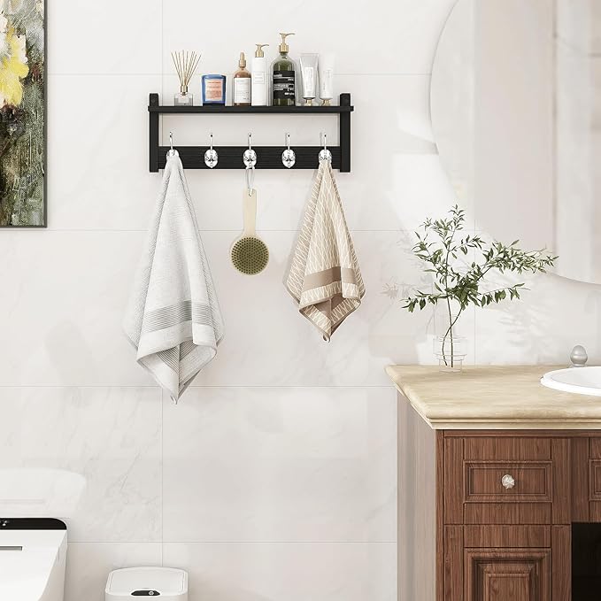 Homode Wall Coat Rack With Shelf, Wood Entryway Hanger With Hooks, Small Floating Pegs for Hanging Coats, Hats, Purses, Backpacks, Black