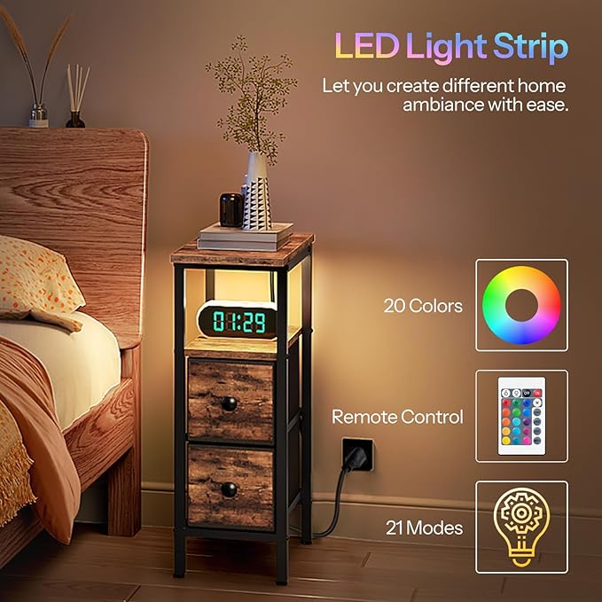 HOOBRO Narrow Side Table Set 2 with LED Light and USB C Port, Night Stand with Charging Station, Skinny End Table with 2 Fabric Drawers, for Bedroom, Living Room, Rustic Brown and Black BF487UDBZP201