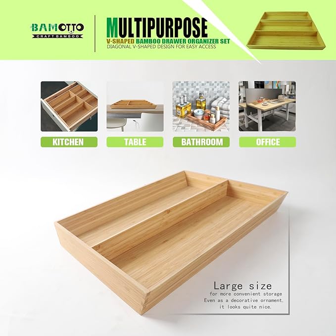 2-Piece V-Shaped Bamboo Drawer Organizer - Ideal for Kitchen's Large Long Tableware, Cooking Utensils, Flatware, Silverware - Wood Storage Box for Home, Bedroom, Bathroom (19.6"x12.4" & 19.6"x7.8")-NeatNest