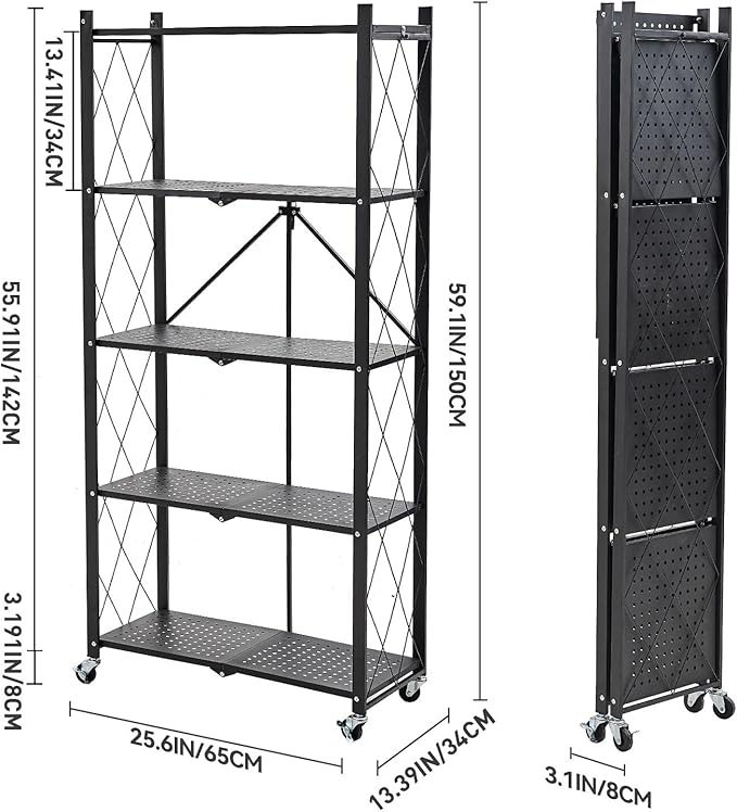 BRIAN & DANY 5-Tier Foldable Storage Shelves with Wheels, Folding Metal Rack Shelving Unit, Heavy Duty No Assembly Organizer Shelf for Garage, Kitchen, Basement, Pantry, Black-NeatNest