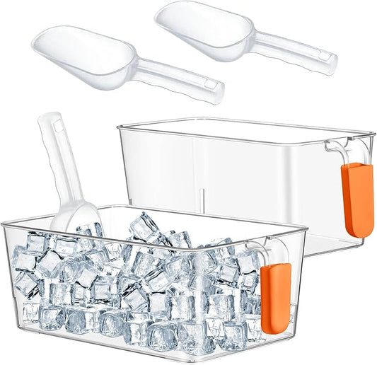 Havawish 2 Set Ice Bin and Flexible Scoop Set Plastic Freezer Ice Bin with Pull out Handle Clear Storage Bucket for Container with Bucket Scoop(Orange,10.83 x 7 x 4.33 in,10.83 x 4.92 x 4.33 in)