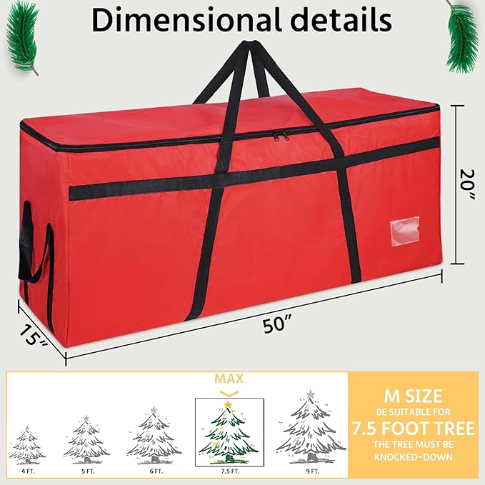 7.5 ft Christmas Tree Storage Bag, Heavy Duty Christmas Tree Bag with Reinforced Handles and Dual Zippers Wide Opening, Large Capacity fits for Artificial Christmas Tree (Red, 7.5 ft)-NeatNest