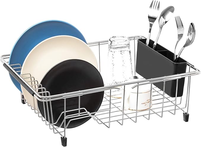 iPEGTOP Expandable Multifunctional Dish Drying Rack, Over The Sink, in Sink Or On Counter Dish Drainer Basket Shelf with Black Utensil Silverware Holder, Rustproof Stainless Organizer