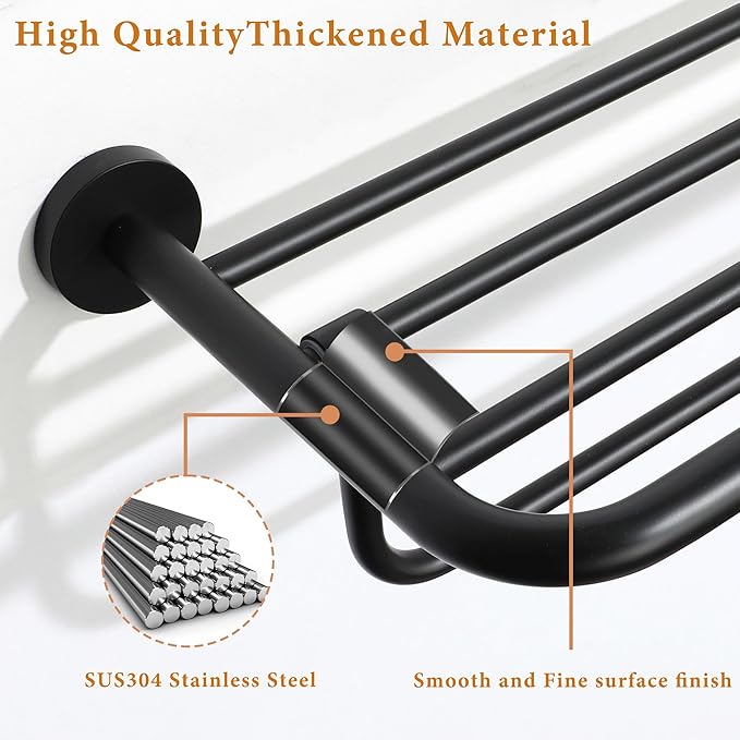 Alise 16 Inch Towel Racks for Bathroom, Foldable Towel Hanger Towel Shelf with Tower Bar, Heavy Duty Towel Holder, SUS 304 Stainless Steel Wall Mount Towel Rail, Matte Black