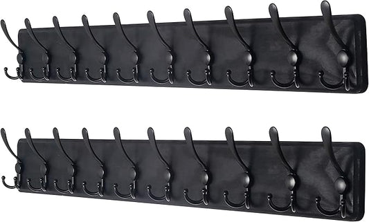 Dseap Coat Rack Wall Mounted - 10 Tri Hooks, 38-1/4" Long, Heavy Duty Wooden Wall Coat Hanger Coat Hook for Clothes Hat Jacket Clothing, Black, Pack of 2