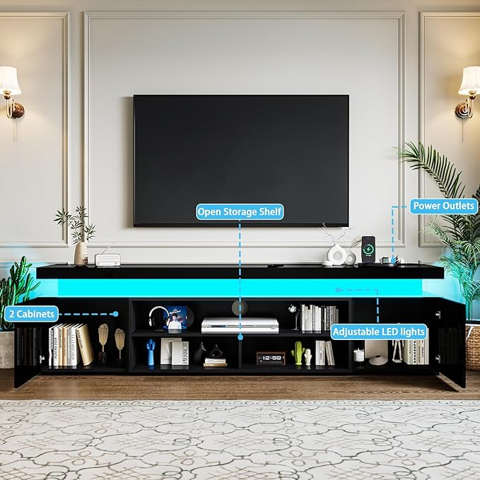 72" Modern TV Stand with LED Lights and Power Outlet for TVs Up to 80 inch, High Gloss Finish Entertainment Center, TV Console Cabinet with Storage for Living Room, Black-NeatNest
