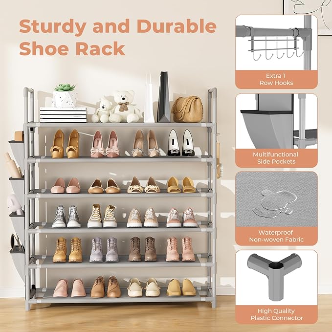 6 Tier Shoe Rack Storage for 24-30 Pairs Shoe and Boot, Shoe Organizer with Hook and Side Pocket Free Standing Long Shoe Shelf Tall Shoe Rack Organizer for Closet, Entryway, Dorm, Grey-NeatNest