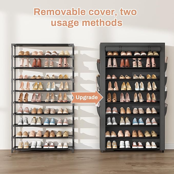 Shoe Rack with Cover, 10 Tier Shoe Organizer Storage for 40-50 Pairs Sneaker and Boots, Large Capacity, with 8 Pockets, Free Standing Tall Shoe Rack for Front Door Entrance, Closet-NeatNest