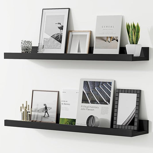 Floating Shelves for Wall, 24 inch Solid Wood Picture Ledge Shelf, Picture Shelf for Wall with Ledge, Floating Book Shelves for Living Room Bedroom Kitchen Nursery Decor, Black, Set of 2-NeatNest