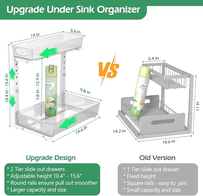 ADRIMER Under Sink Organizer 2 Packs, Pull Out Kitchen Sink Organizer, 2 Tier Slide Out Kitchen Organizers and Storage Bathroom Under Cabinet Storage Shelf, Transparent & White-NeatNest